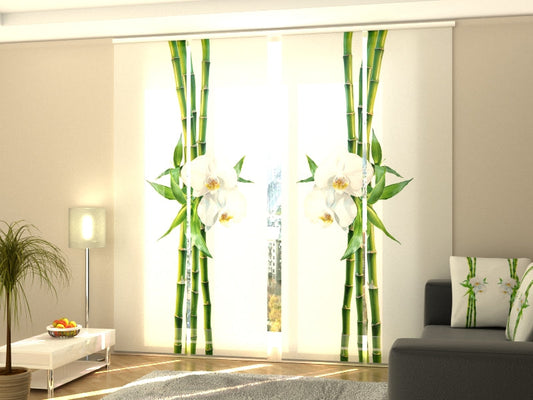 4-Flächenvorhang Set mit Zubehör, Bambus und weiße Orchidee, Größe: 60x300 cm