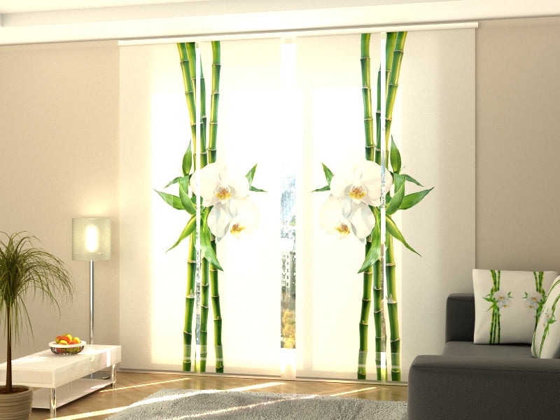 4-Flächenvorhang Set mit Zubehör, Bambus und weiße Orchidee, Größe: 60x270 cm