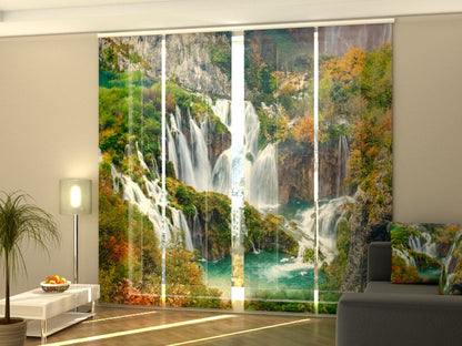 4-Flächenvorhang Set mit Zubehör, Wunderschöne Wasserfälle in Kroatien, Größe: 60x245 cm