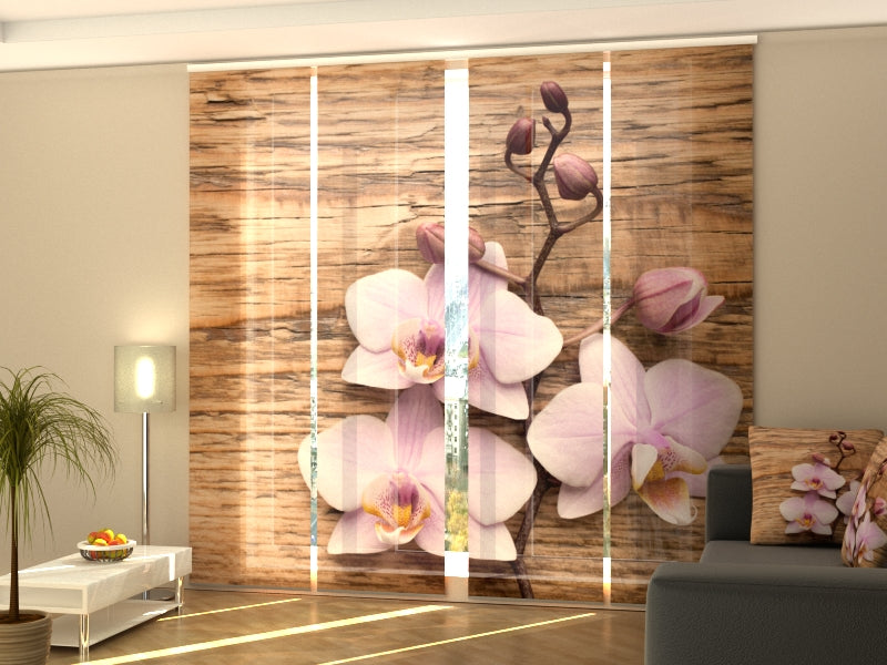 4-Flächenvorhang Set mit Zubehör, Entzückende Orchidee auf dem Holz, Größe: 60x300 cm