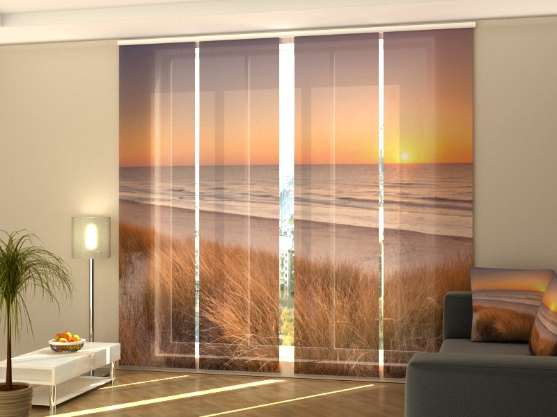 4-Flächenvorhang Set mit Zubehör, Dünen und Strand bei Sonnenuntergang in den Niederlanden, Größe: 60x300 cm