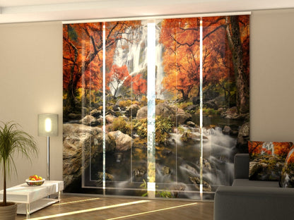 4-Flächenvorhang Set mit Zubehör, Faszinierender Herbstwasserfall, Größe: 60x270 cm