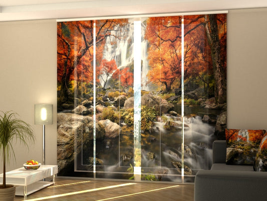 4-Flächenvorhang Set mit Zubehör, Faszinierender Herbstwasserfall, Größe: 60x245 cm