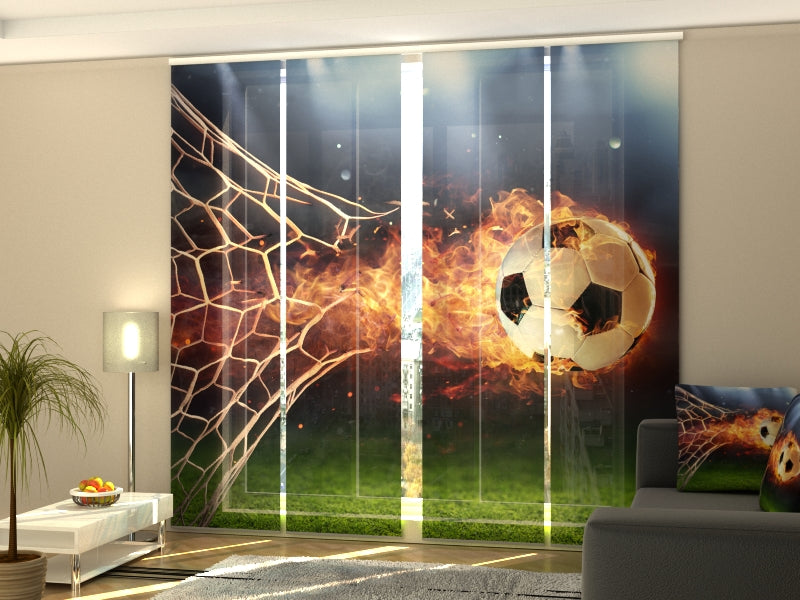 4-Flächenvorhang Set mit Zubehör, Feuriger Fußball im Tor, Größe: 60x300 cm