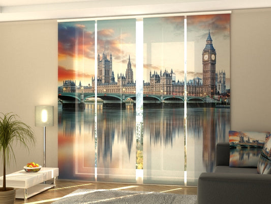 4-Flächenvorhang Set mit Zubehör, Londoner Big Ben und Houses of Parliament, Größe: 60x300 cm