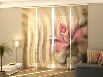 4-Flächenvorhang Set mit Zubehör, Orchidee und Wellnesssteine im Sand, Größe: 60x300 cm