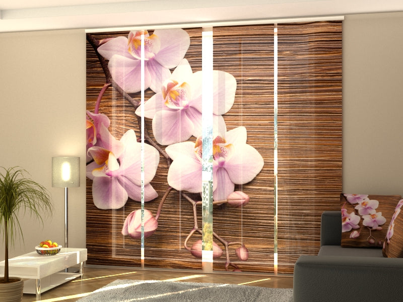 4-Flächenvorhang Set mit Zubehör, Orchidee und Baum, Größe: 60x270 cm