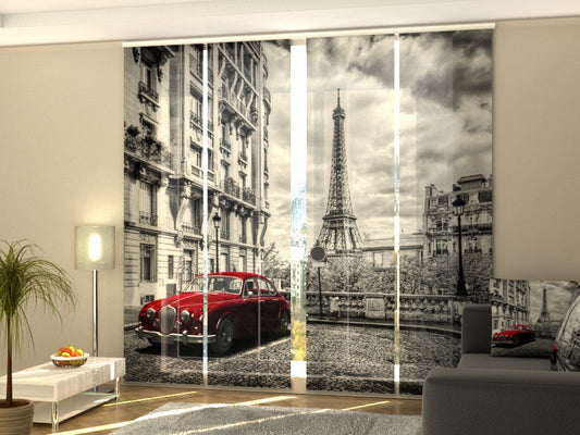 4-Flächenvorhang Set mit Zubehör, Rote Retro-Limousine auf den Straßen von Paris, Größe: 60x270 cm