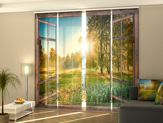 4-Flächenvorhang Set mit Zubehör, Blick auf den Sonnenaufgang aus dem Fenster, Größe: 60x245 cm