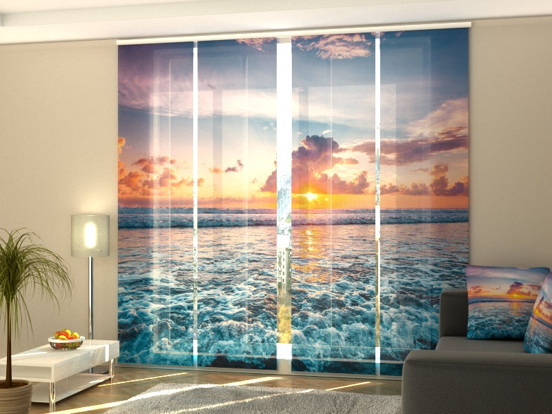 4-Flächenvorhang Set mit Zubehör, Sonnenuntergang über den Wellen des Ozeans, Größe: 60x270 cm