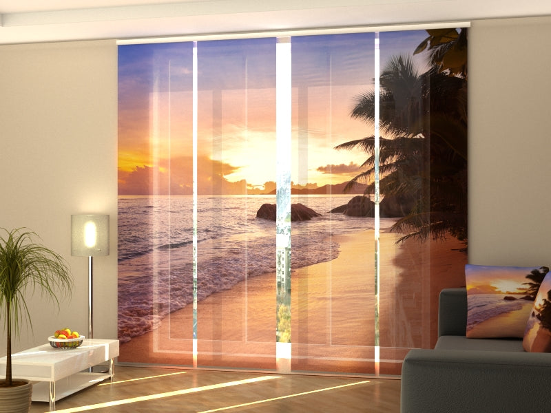 4-Flächenvorhang Set mit Zubehör, Sonnenuntergang am Strand auf den Seychellen, Größe: 60x270 cm