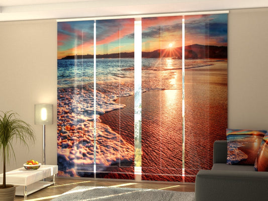 4-Flächenvorhang Set mit Zubehör, Sonnenuntergang über den Wellen, Größe: 60x270 cm