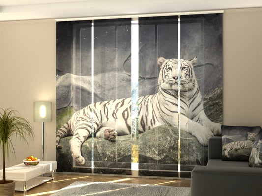 4-Flächenvorhang Set mit Zubehör, Tiger auf einem Felsen, Größe: 60x300 cm