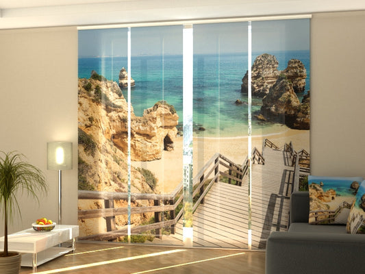 4-Flächenvorhang Set mit Zubehör, Holztreppe zu einem wunderschönen Strand in der Algarve, Größe: 60x245 cm