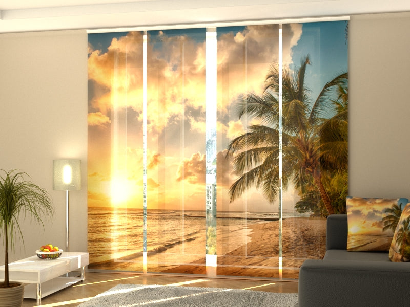 4-Flächenvorhang Set mit Zubehör, Wunderschöner Sonnenuntergang auf Barbados, Größe: 60x245 cm