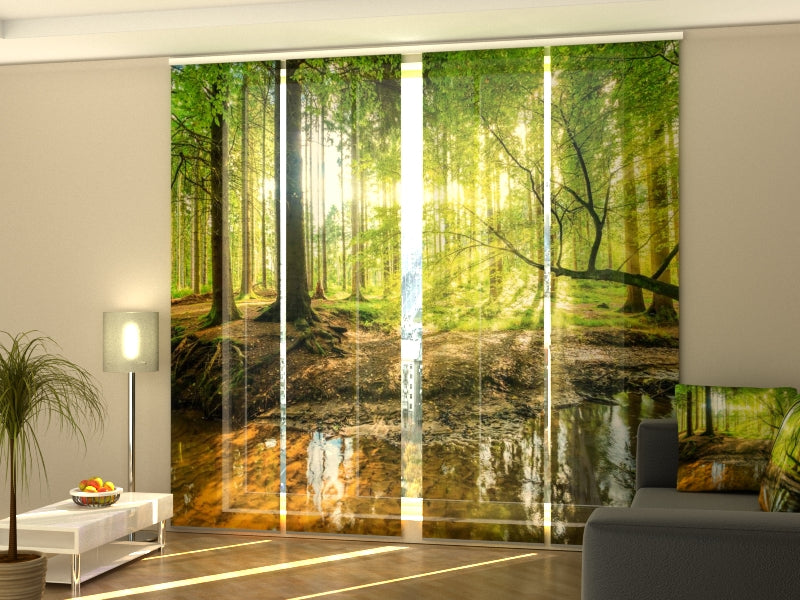 4-Flächenvorhang Set mit Zubehör, Sonnenstrahlen im Wald, Größe: 60x245 cm