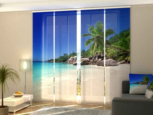 4-Flächenvorhang Set mit Zubehör, Palme am Strand, Größe: 60x300 cm